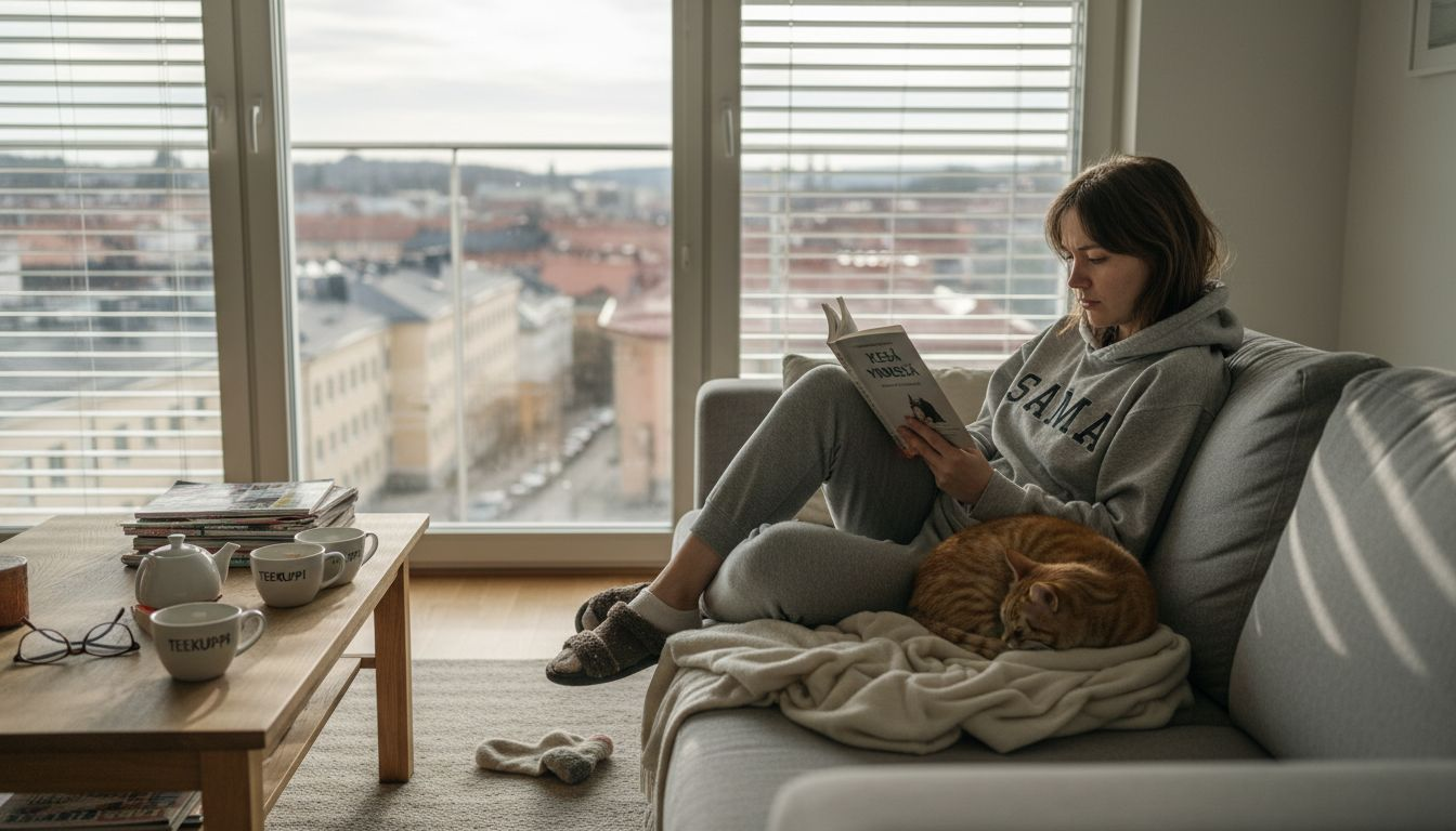 Nainen nauttii rauhasta ja omasta tilasta säädettävien sälekaihtimien ansiosta.