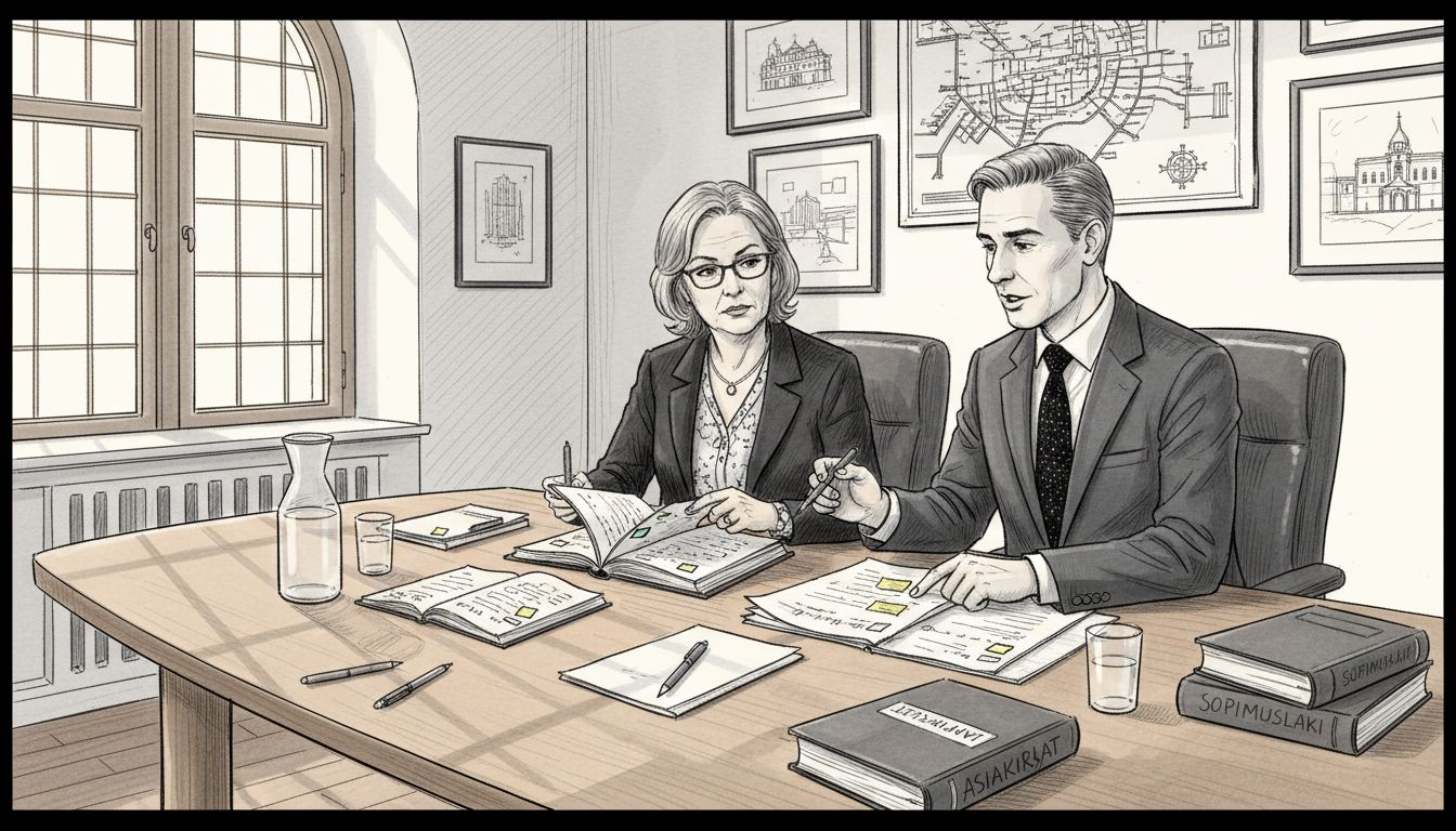Asiakas käy läpi sopimusta juristin kanssa toimistolla.
