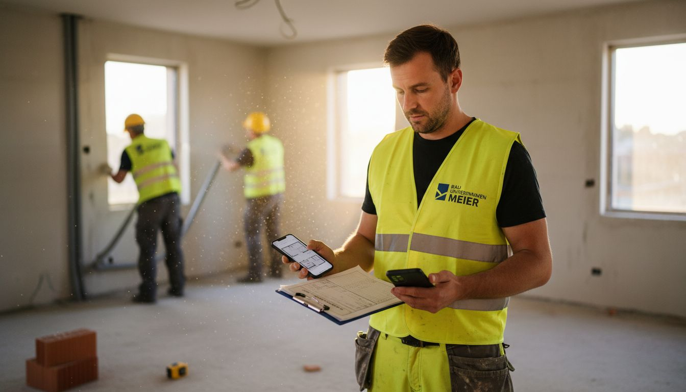 Der Bauleiter wirft einen prüfenden Blick auf den Bauzeitenplan während der Rohbauphase.