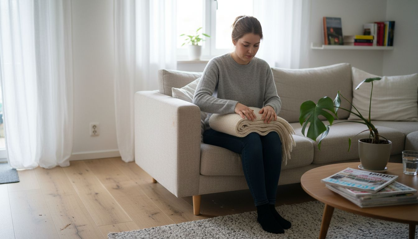 Ein Wohnzimmer im skandinavischen Stil, das durch einen hellen Boden besonders freundlich und einladend wirkt.
