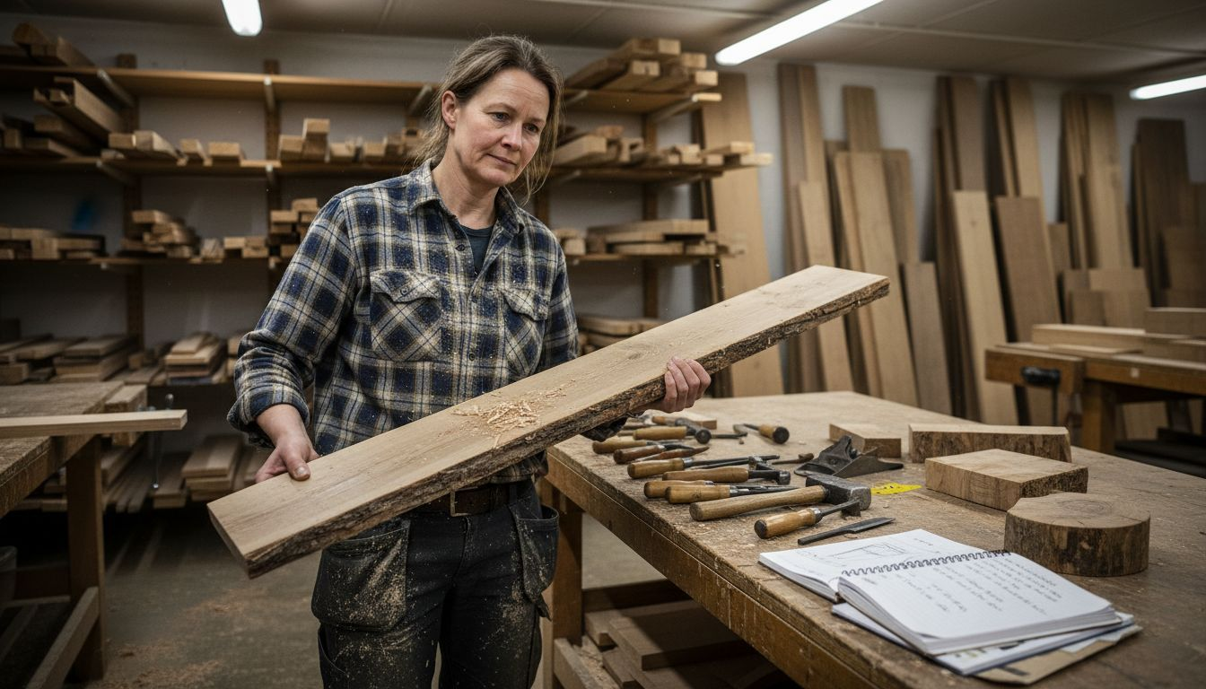 En kvinna står i verkstaden och väljer ut trä till sitt nästa projekt.