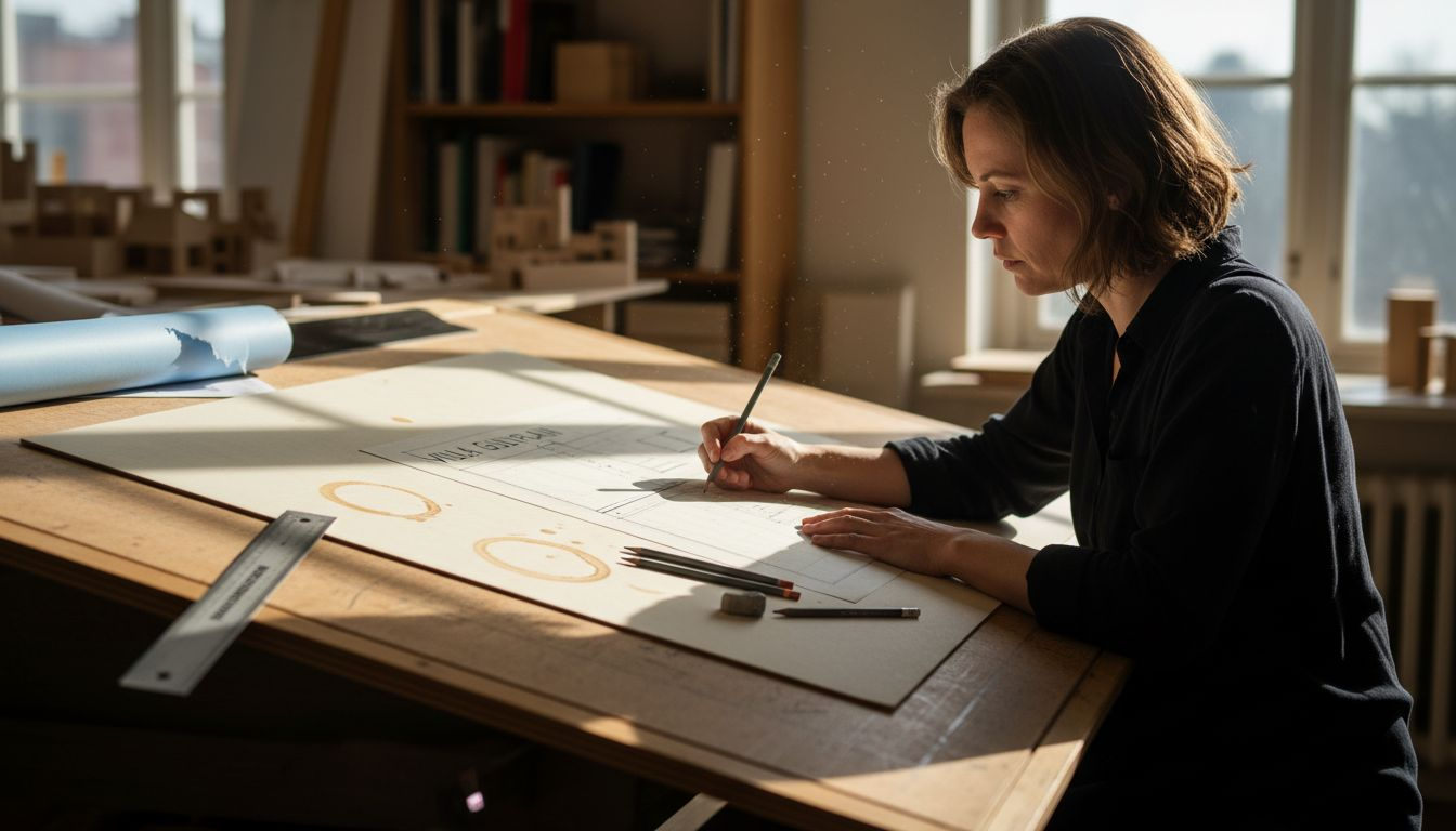 En arkitekt sitter og tegner plantegninger til en moderne enebolig.