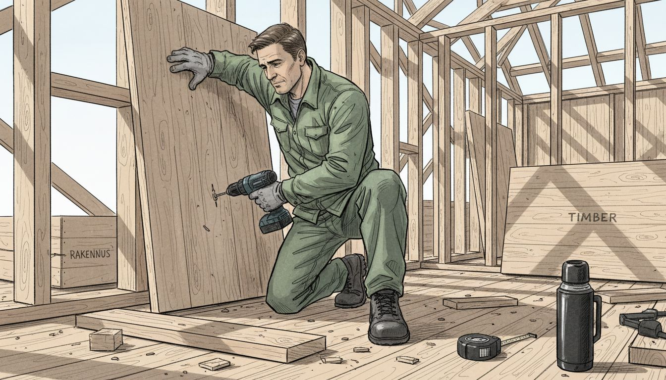 Työntekijä asentaa CLT-puuelementtejä rakennustyömaalla.