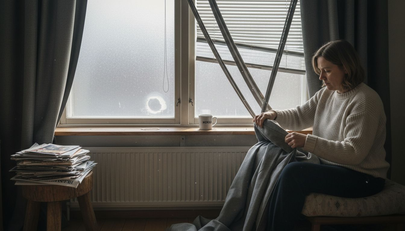 Nainen valmistaa sälekaihtimia talven varalle, jotta lämpö ei karkaa ikkunoista.