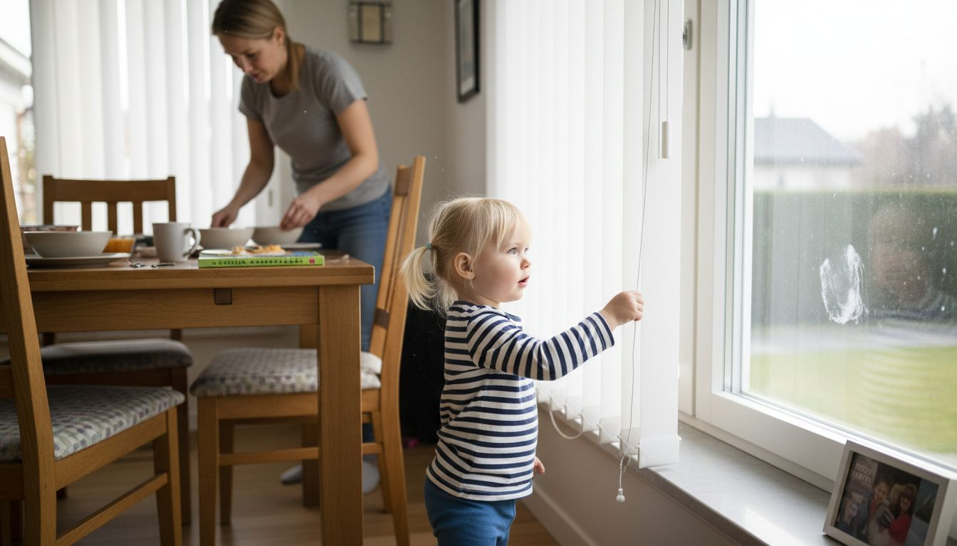 Lapsi ulottaa kätensä ikkunan sälekaihtimen narua kohti.