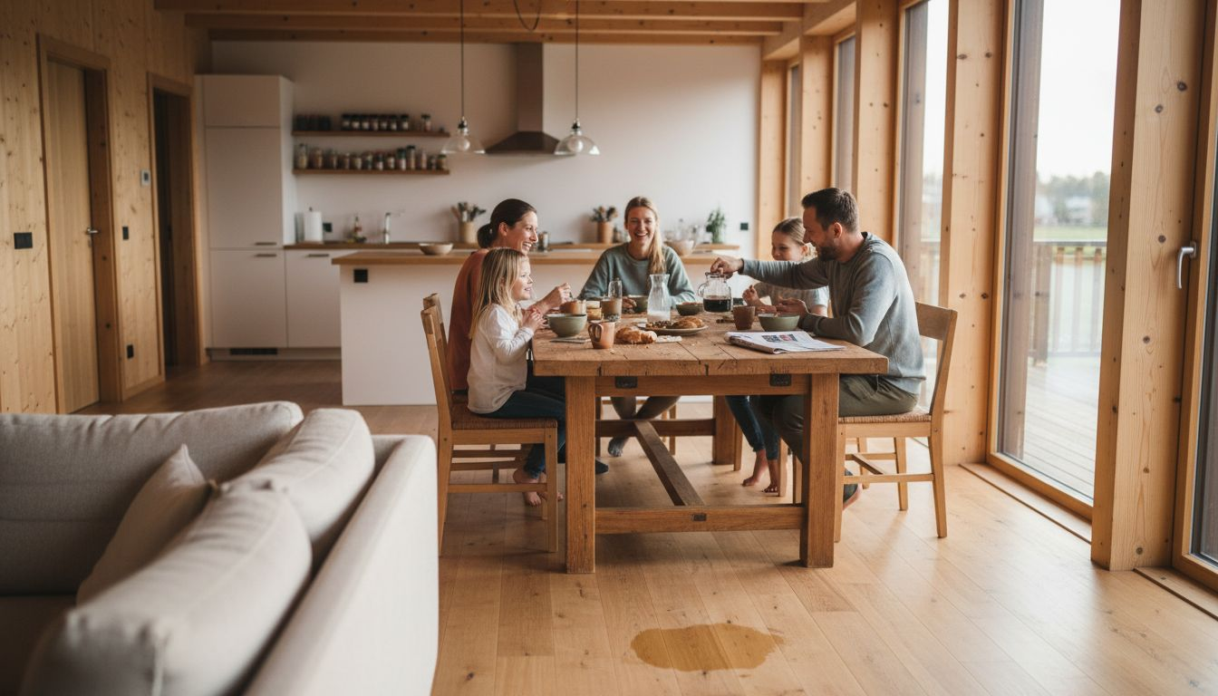 Ein gemütliches Familienfrühstück im lichtdurchfluteten Holzhaus