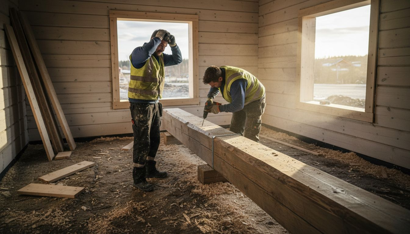 Arbeidere monterer bjelker i et hus under oppføring.