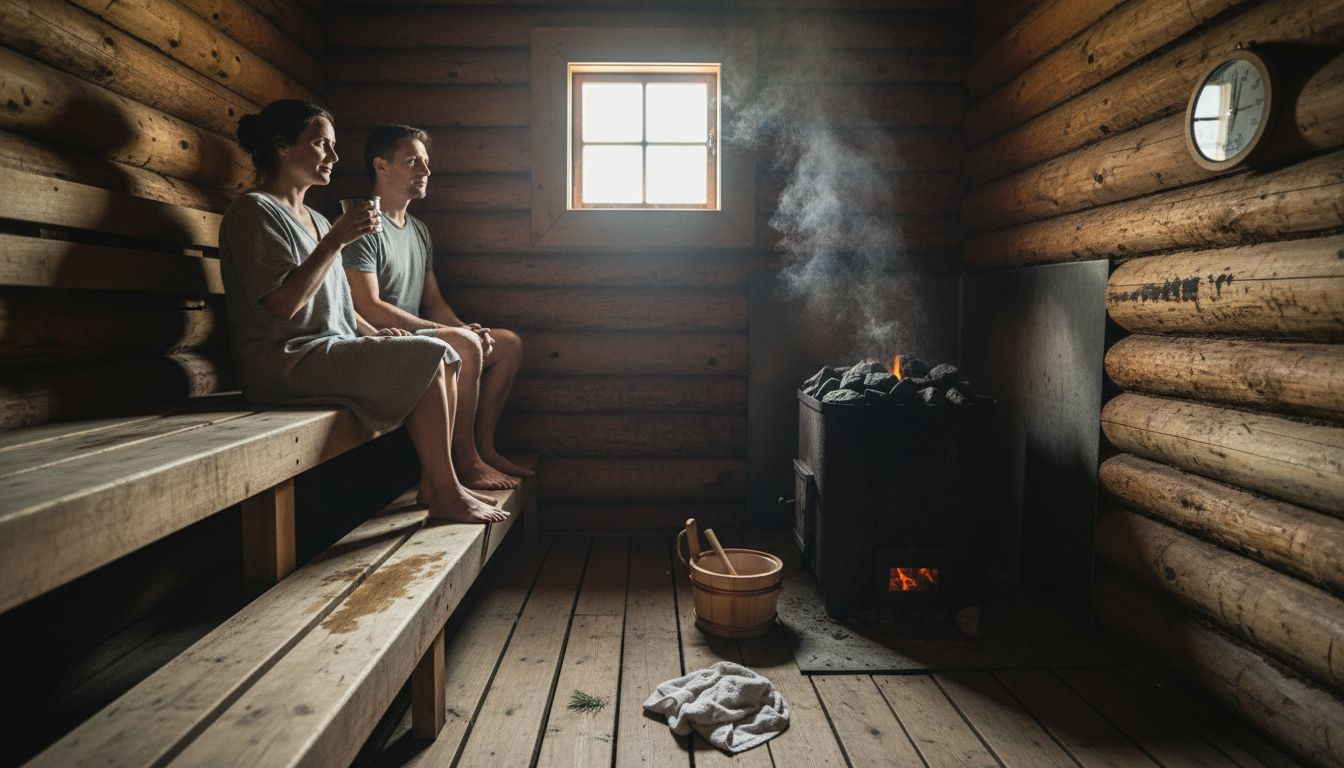 Log sauna interior with benches and stove