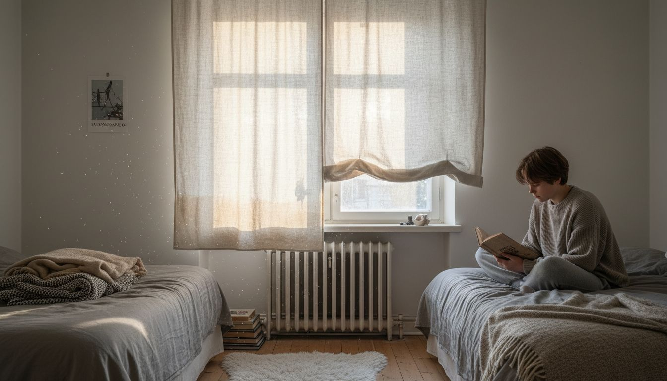 Makuuhuone, jossa paksut kangasverhot luovat rauhallisen tunnelman – täydellinen paikka uppoutua lukemiseen.