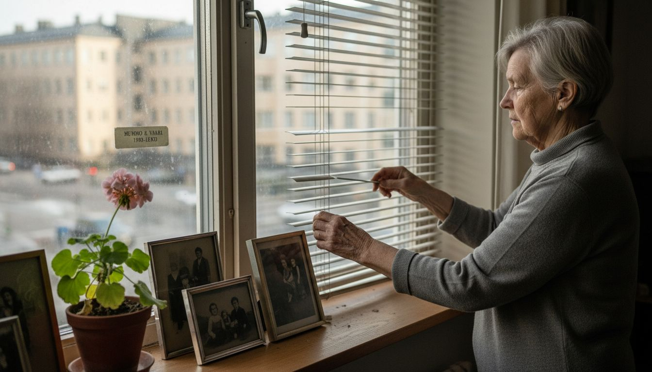 Iäkäs nainen säätää sälekaihtimia saadakseen lisää yksityisyyttä.