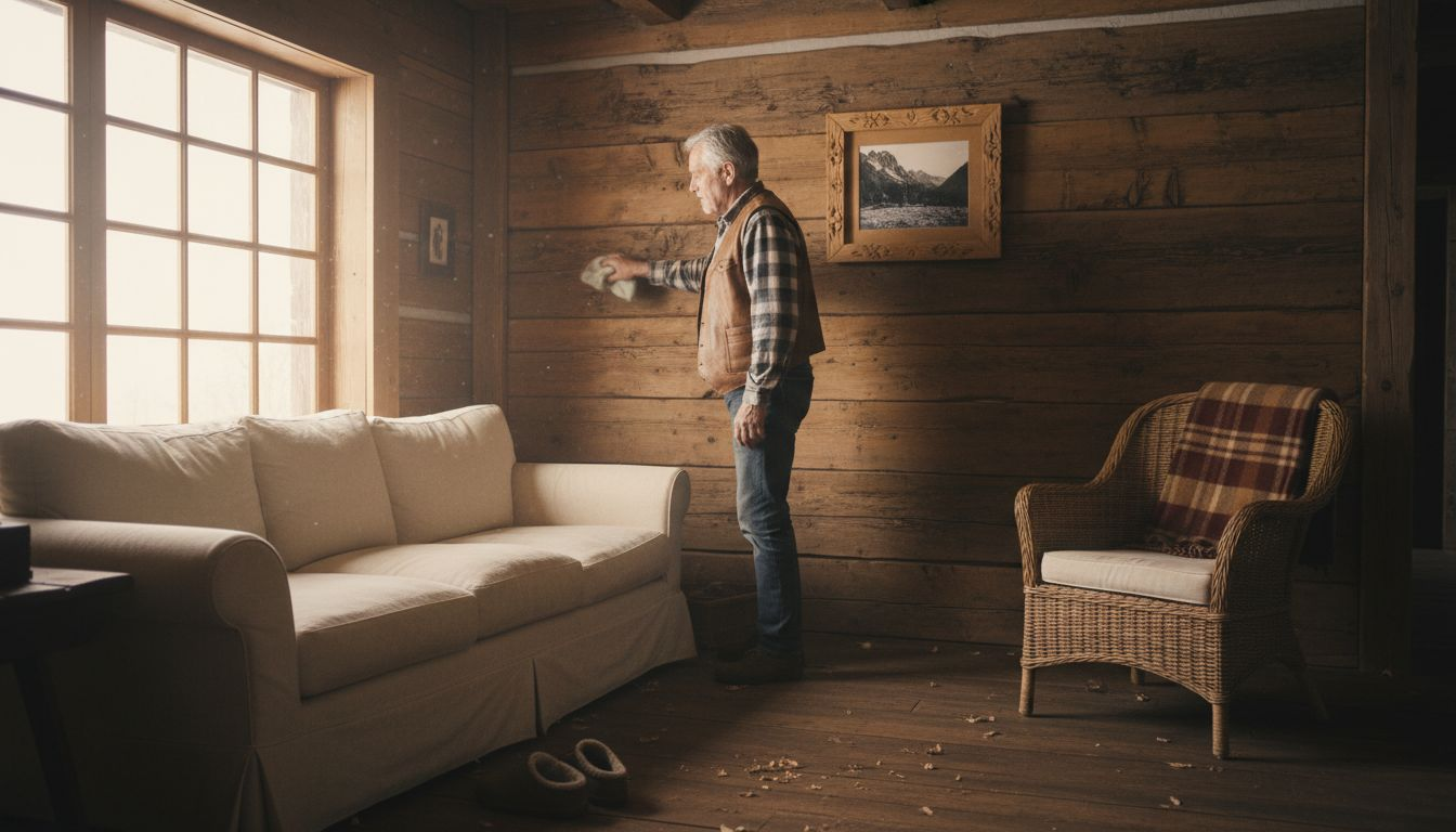 Gemütliches Wohnzimmer im Blockhaus: Handwerkskunst trifft auf rustikale Holzvertäfelung