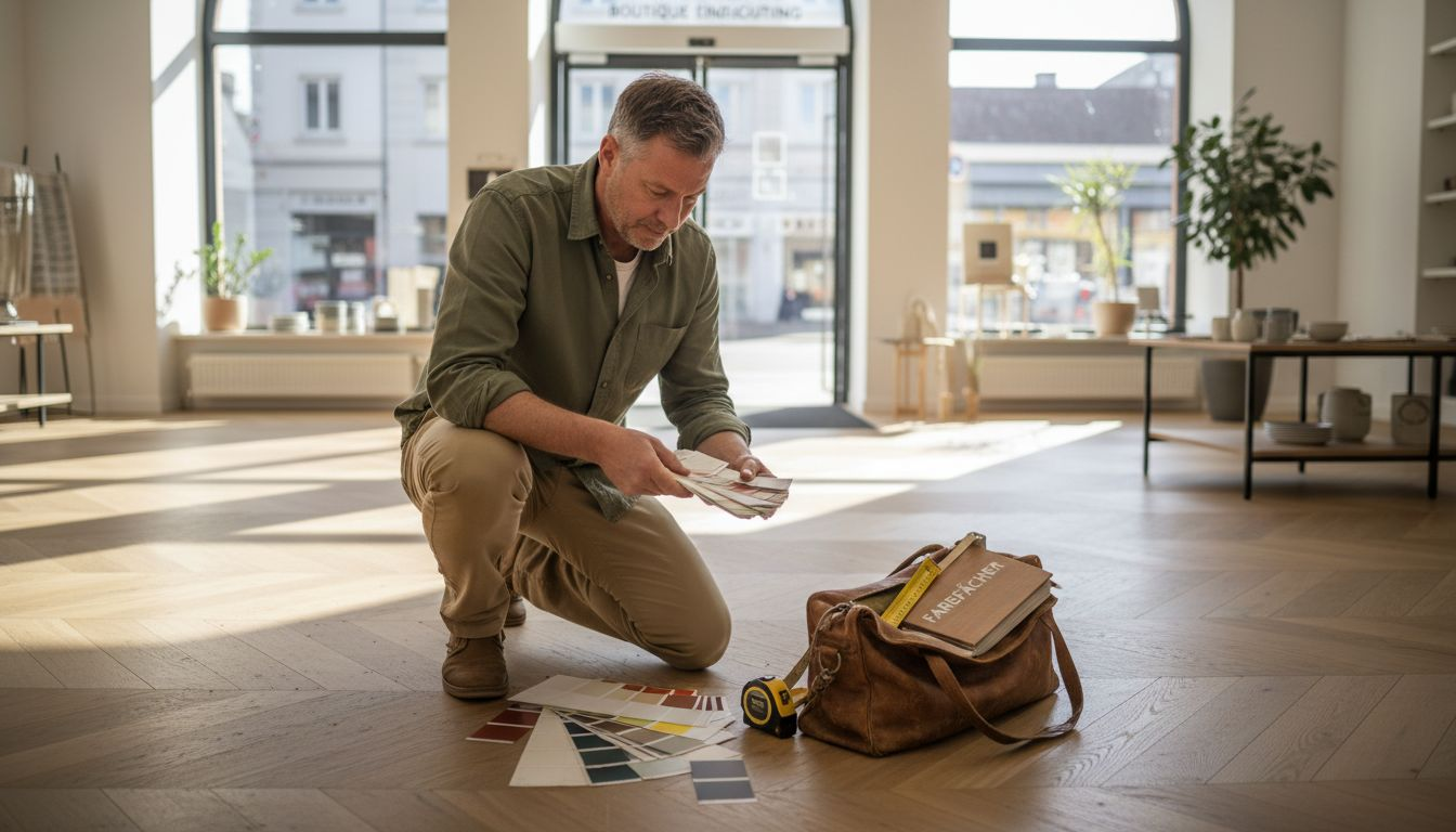 Ein Designer probiert verschiedene Bodenfarben direkt im Verkaufsraum aus, um die Wirkung im echten Umfeld zu beurteilen.