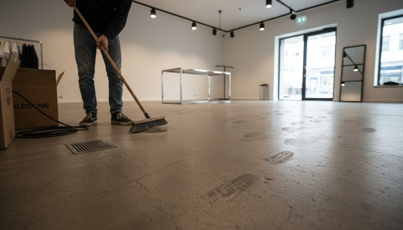 Ein Mitarbeiter sorgt dafür, dass der moderne Betonboden im Laden blitzsauber bleibt.