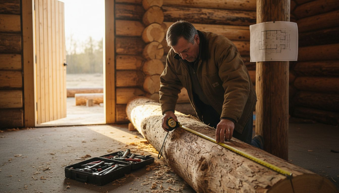 Builder measuring logs inside unfinished house