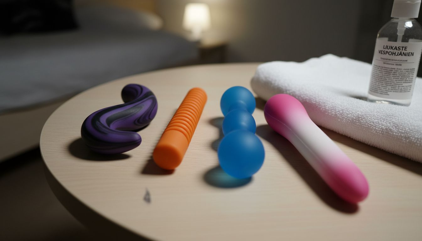 Pöydälle on aseteltu erilaisia kaksipäisiä dildoja.