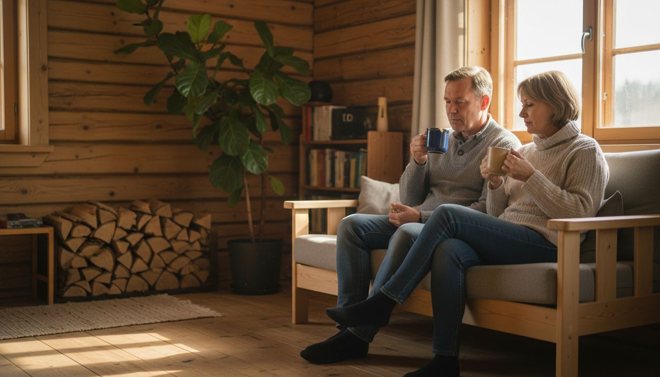 Ein Paar genießt die behagliche Atmosphäre in einem Holzhaus – warm, einladend und voller Gemütlichkeit.