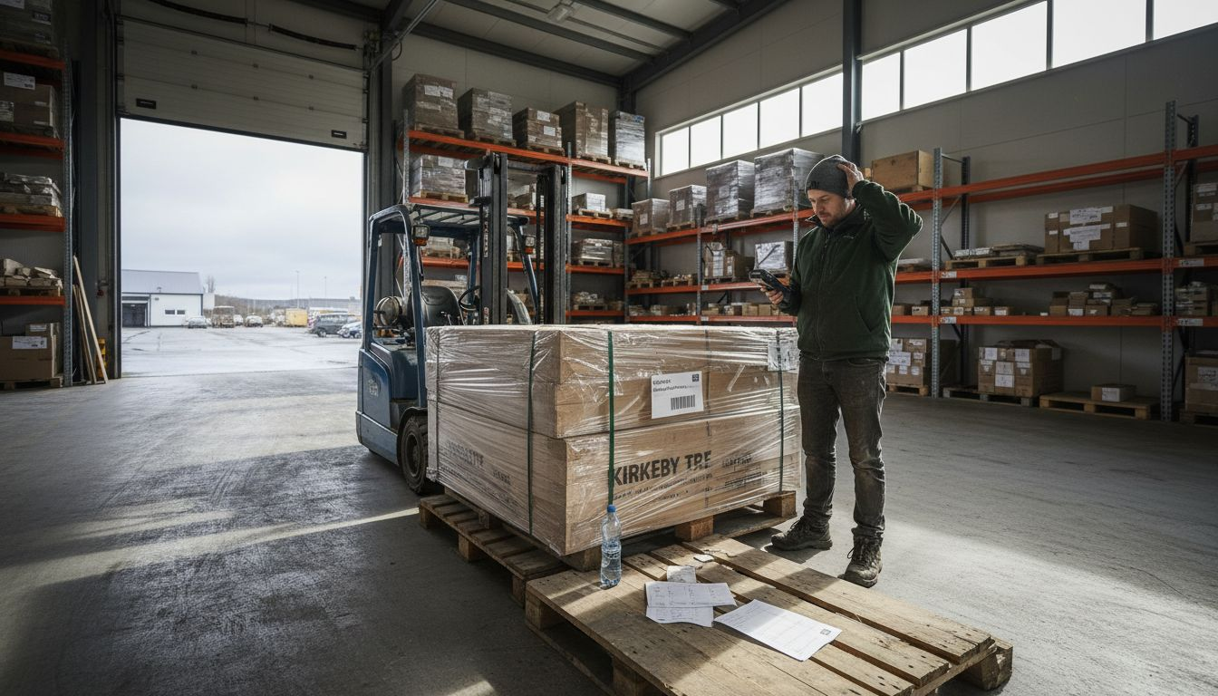 En lagerarbeider registrerer trelast som skal sendes ut til kunde.