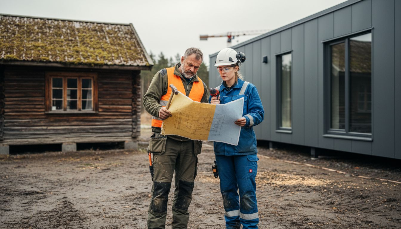 En byggnadsarbetare jämför traditionellt och modernt byggande