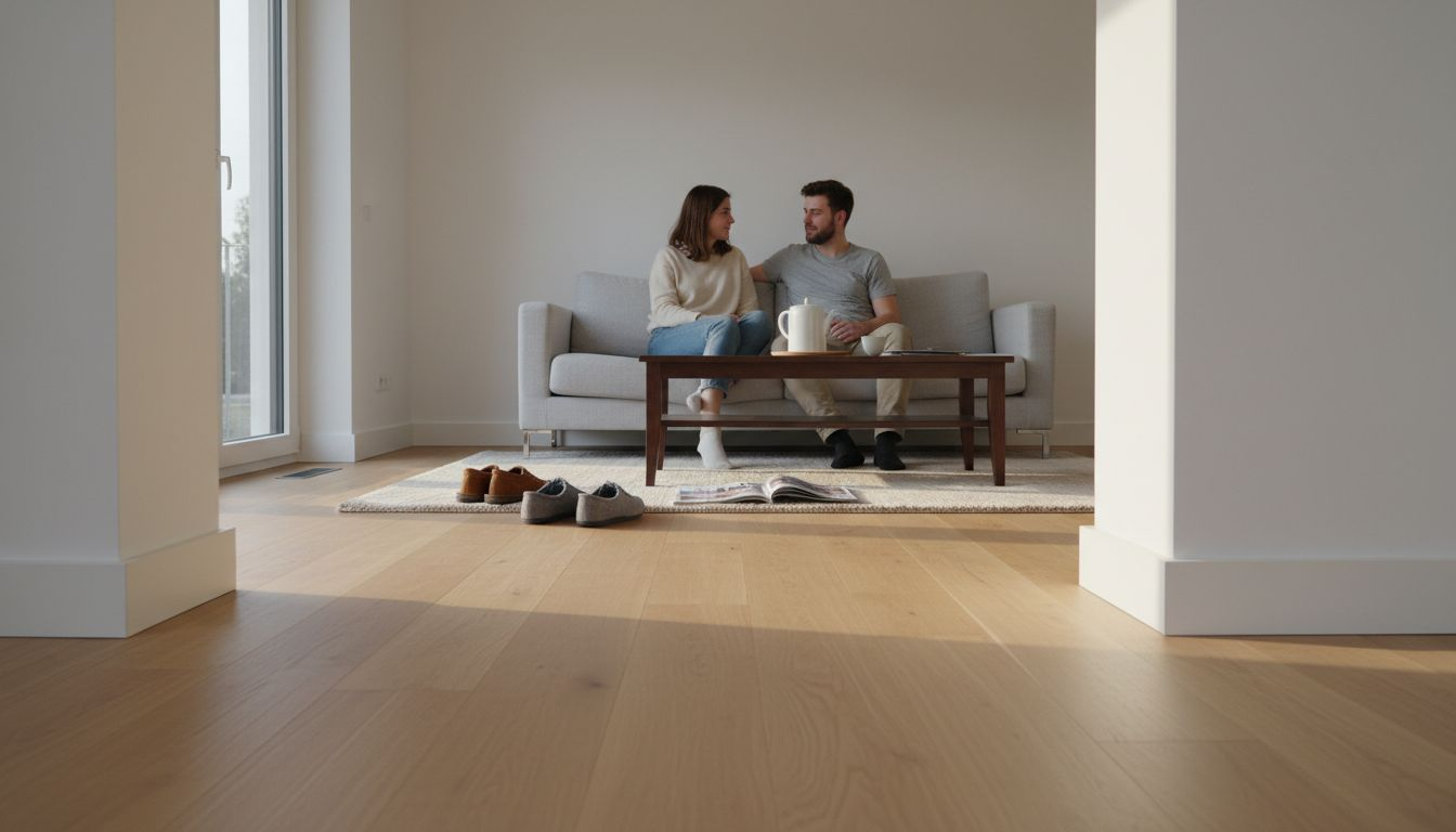 Ein Paar sitzt gemütlich im Wohnzimmer, das durch auffällige Fußleisten besonders stilvoll wirkt.