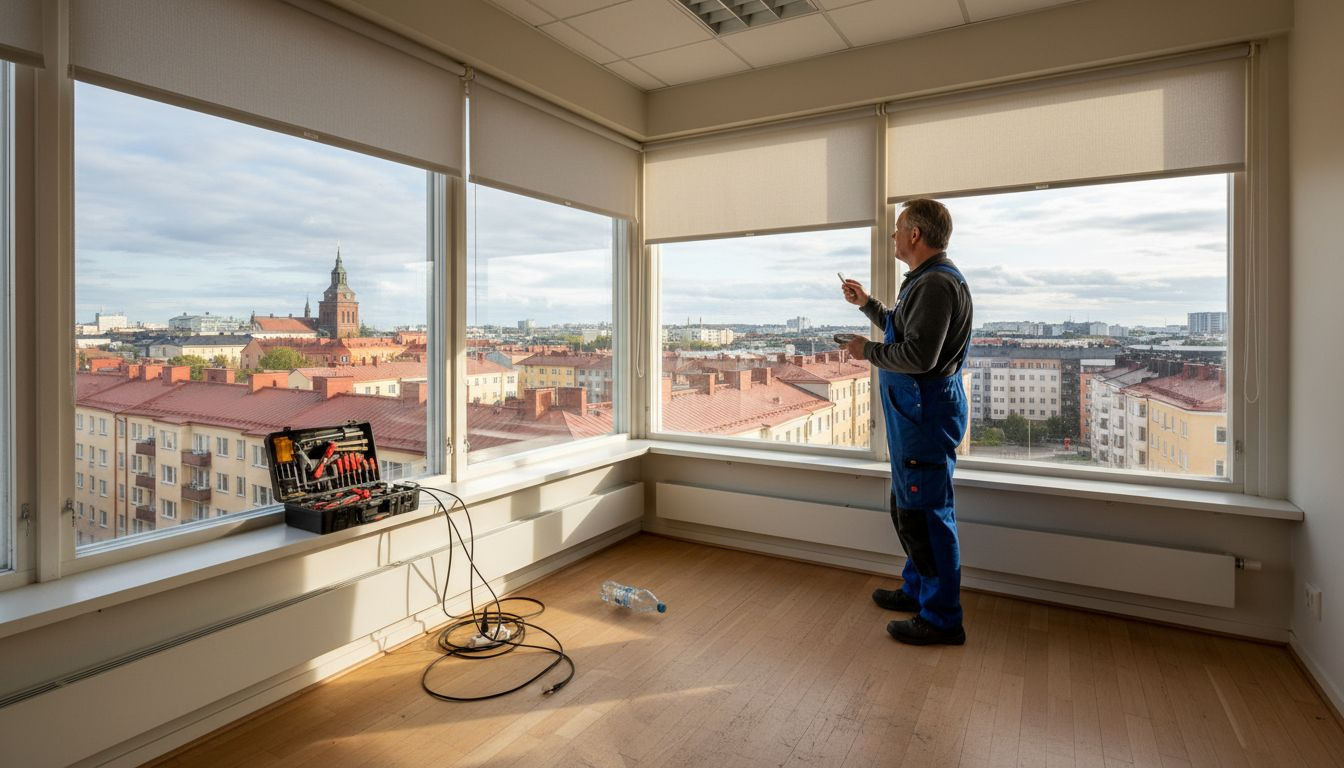 Toimiston työntekijä säätää kaihtimia ikkunassa.