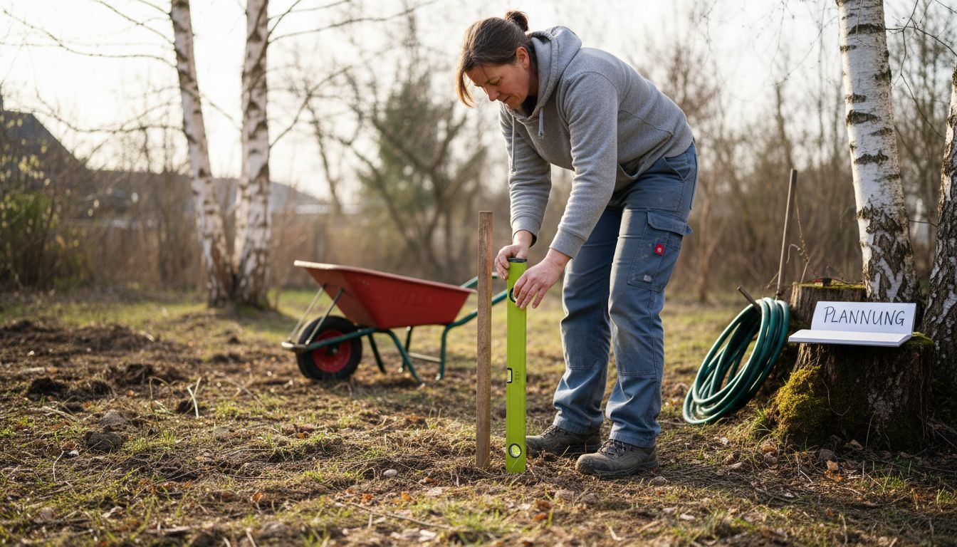 Eine Bauherrin kontrolliert, ob der Boden im Neubau eben ist.