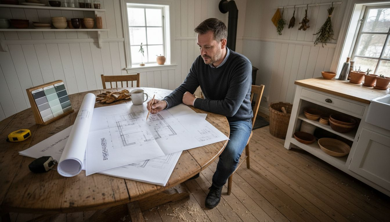En arkitekt sitter hemma vid köksbordet och går igenom byggnadsritningarna.