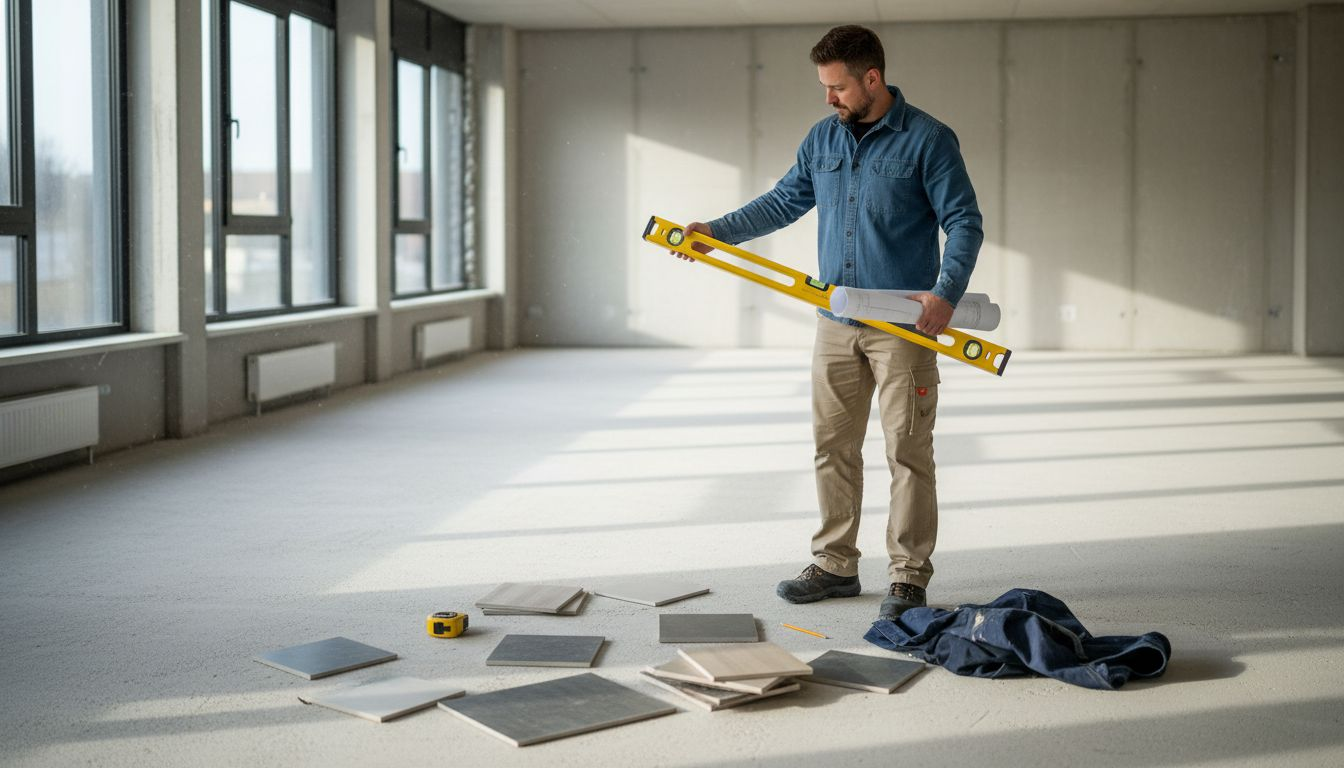 Der Bauplaner begutachtet die Bodenbeläge für den Gewerberaum und prüft, welche Varianten am besten geeignet sind.