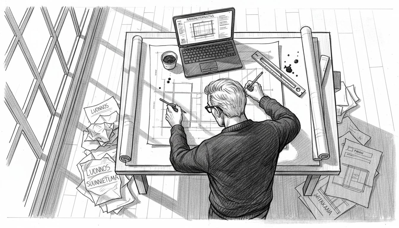 Arkkitehti luonnostelee puurakennuksen suunnitelmia työpöydän ääressä.