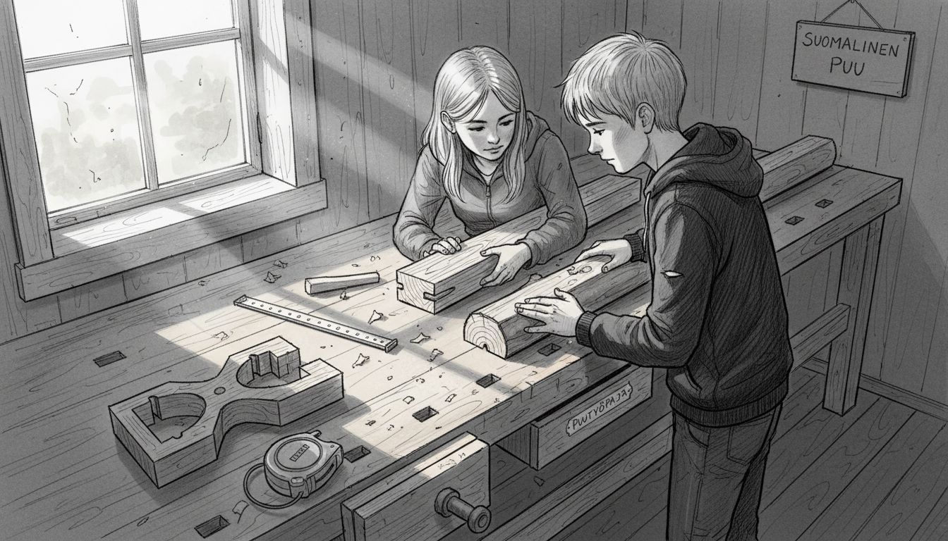 Kaksi henkilöä vertailee erilaisia puulajeja polttopuiksi.