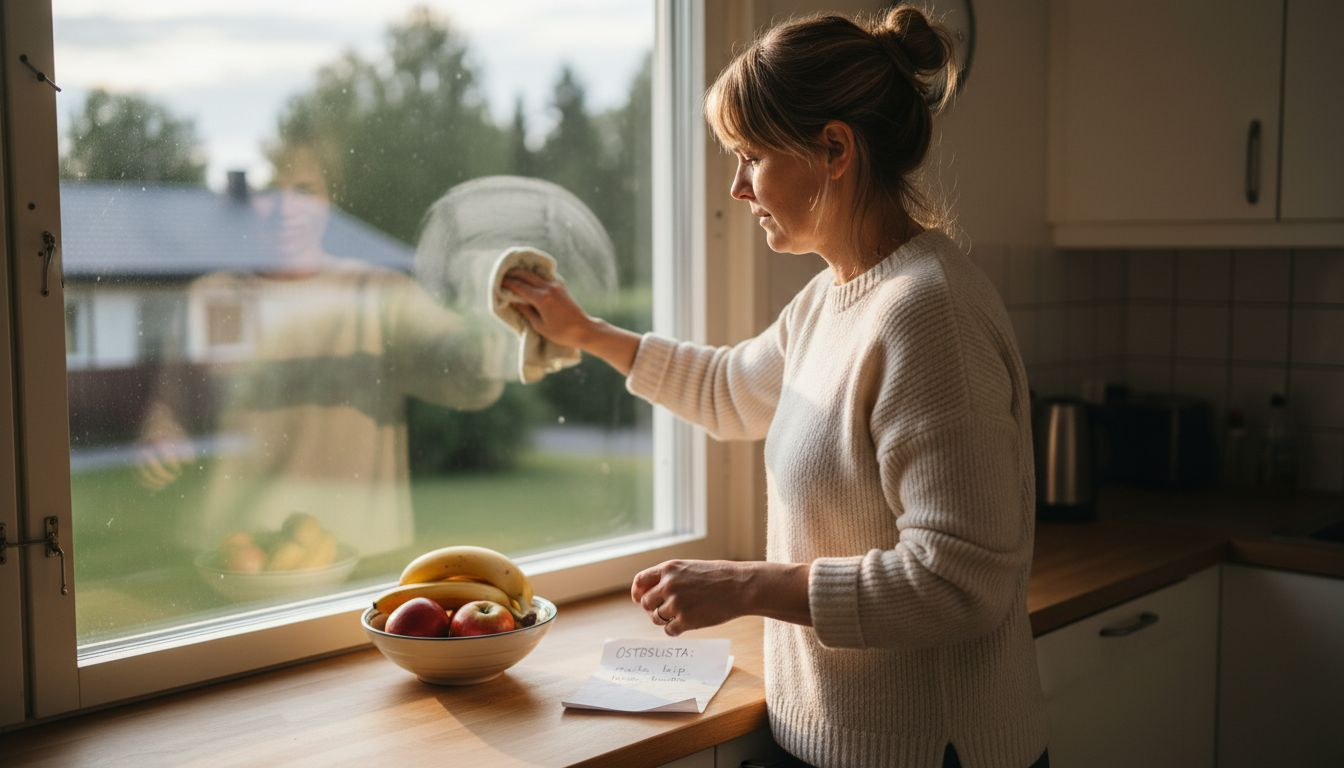 Nainen pesee ikkunaa, johon on asennettu UV-suojakalvo.