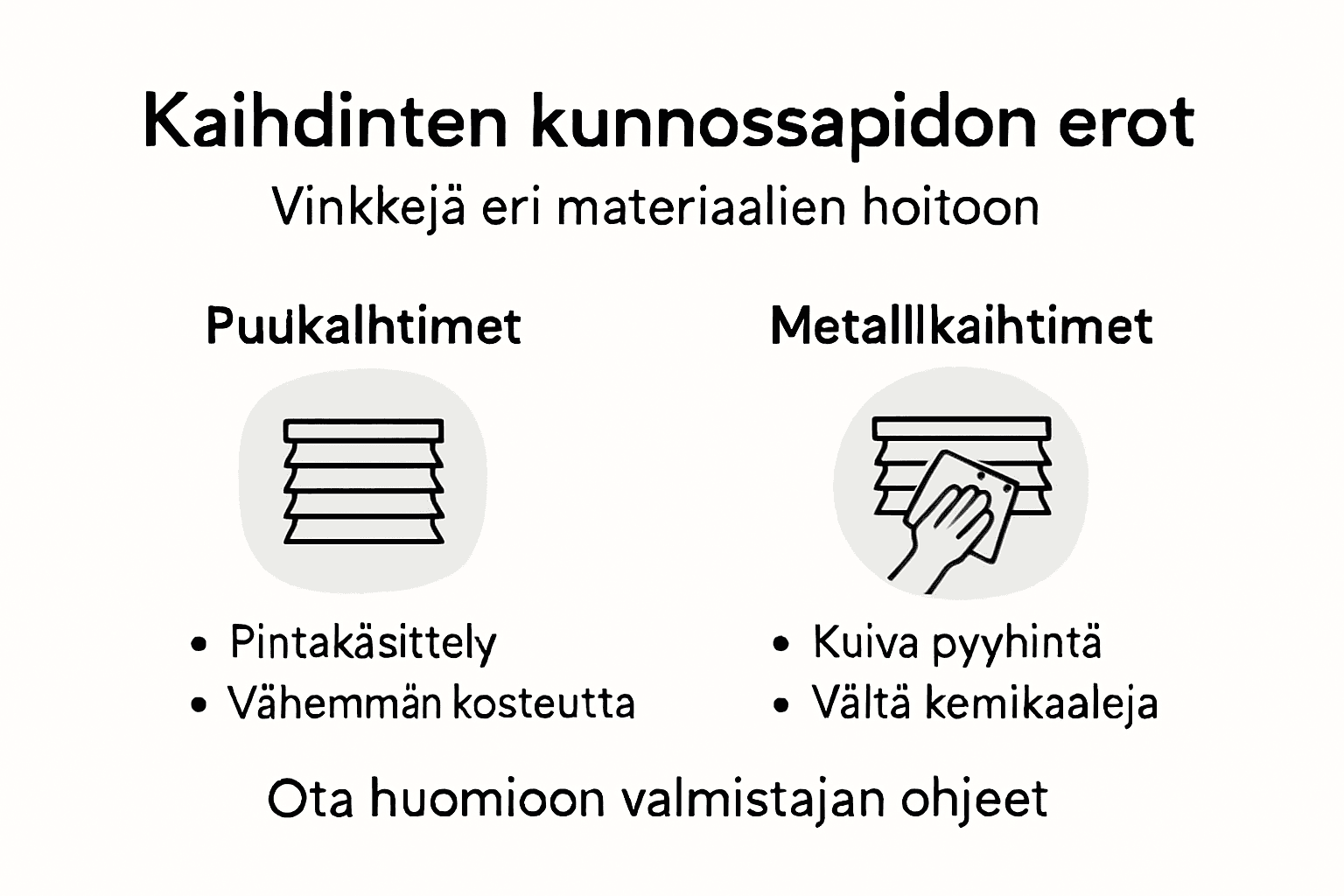 Selkeä ja pelkistetty infografiikka kaihtimien huollon erilaisista tavoista