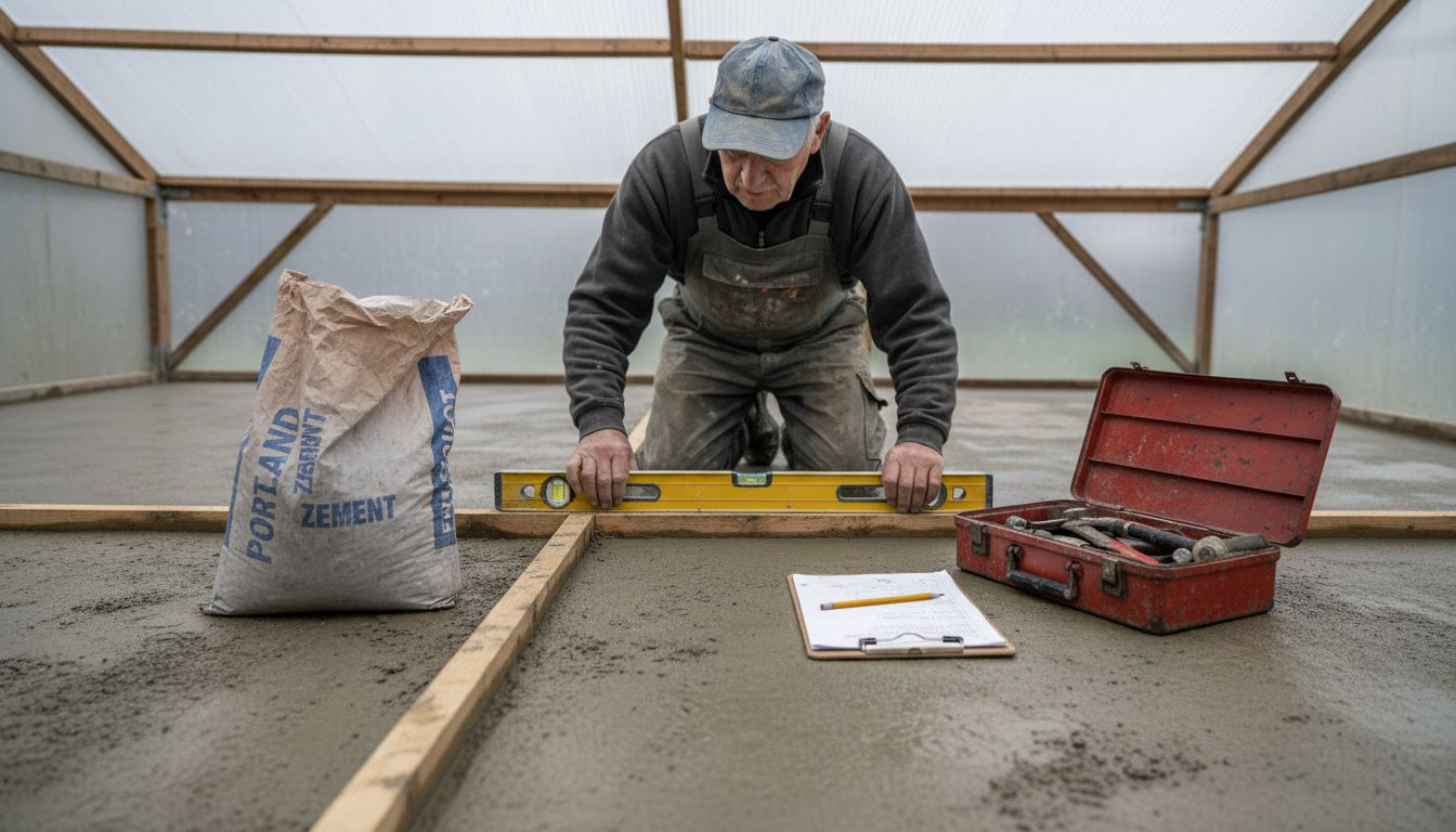 Ein Heimwerker bereitet das Fundament für den Bau einer Sauna vor.