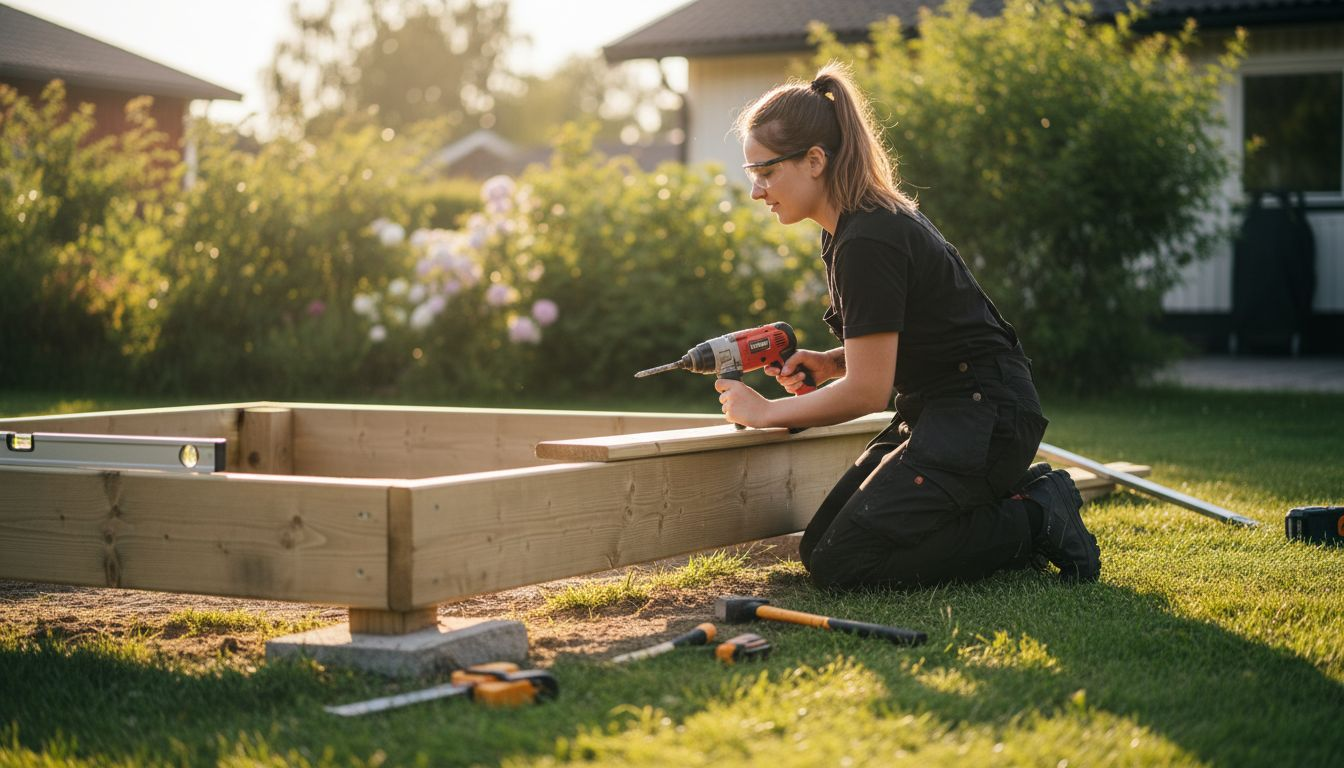Kvinna bygger upp en träram till spabad