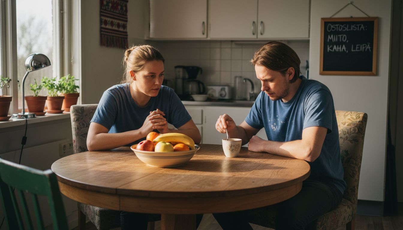 Nainen kuuntelee tarkkaavaisesti puolisoaan