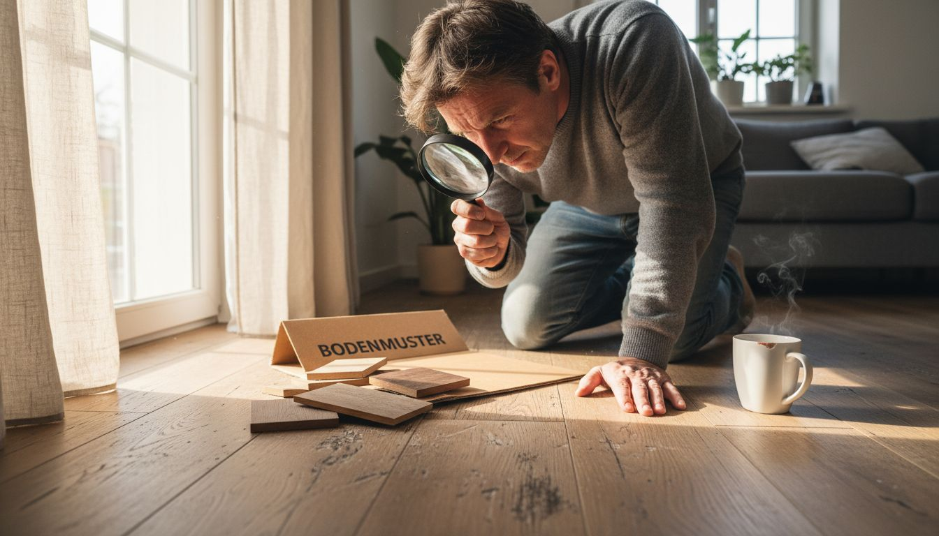 Der Hauseigentümer begutachtet die Dielen im Wohnzimmer.