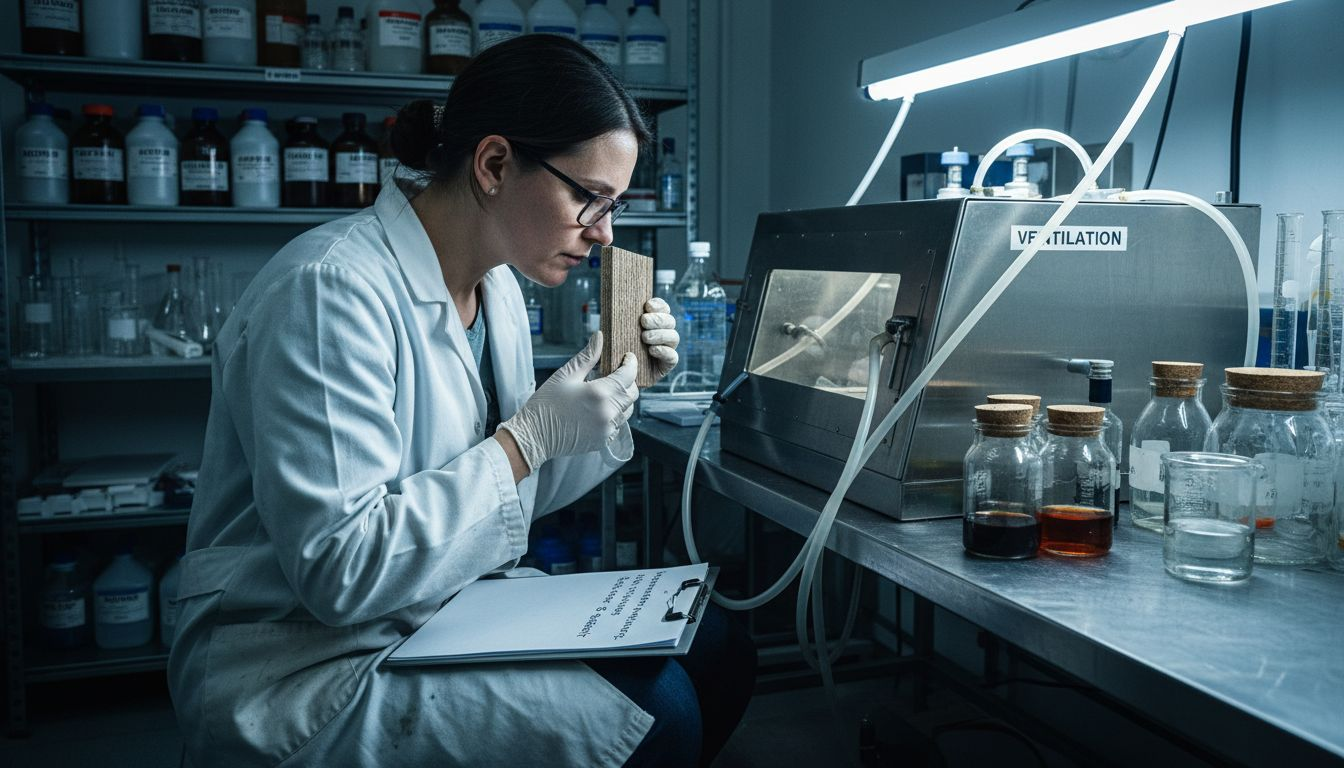 Ein Labormitarbeiter überprüft einen Bodenbelag auf Geruchsentwicklung.