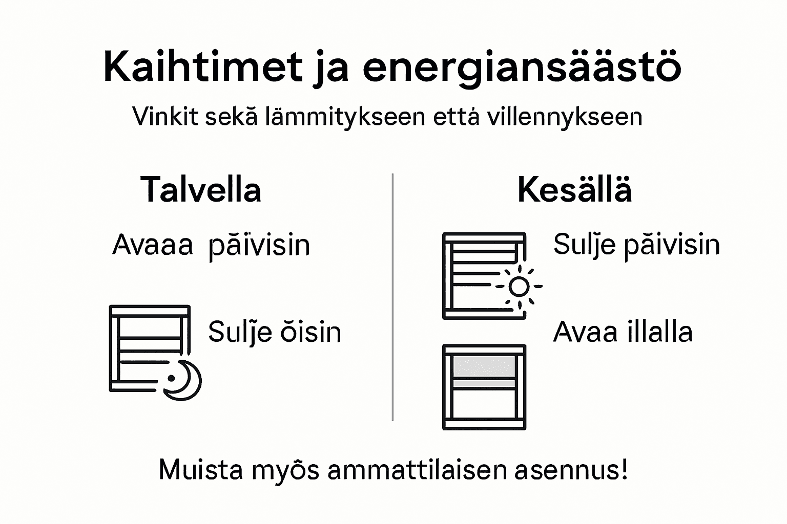 Infografiikka: kaihtimien avulla säästät energiaa niin talven pakkasilla kuin kesähelteilläkin – vinkit tehokkaaseen käyttöön