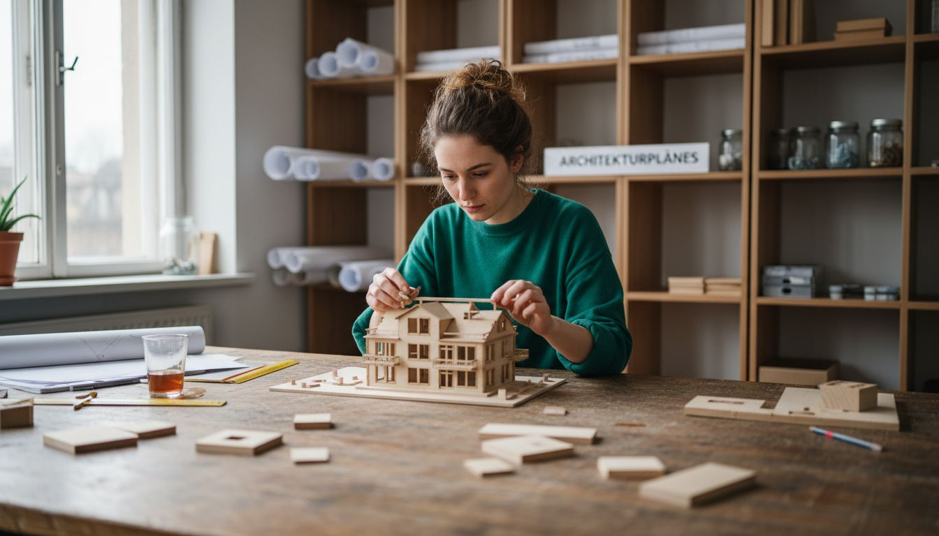 Eine Architektin begutachtet ein nachhaltiges Holzmodell.