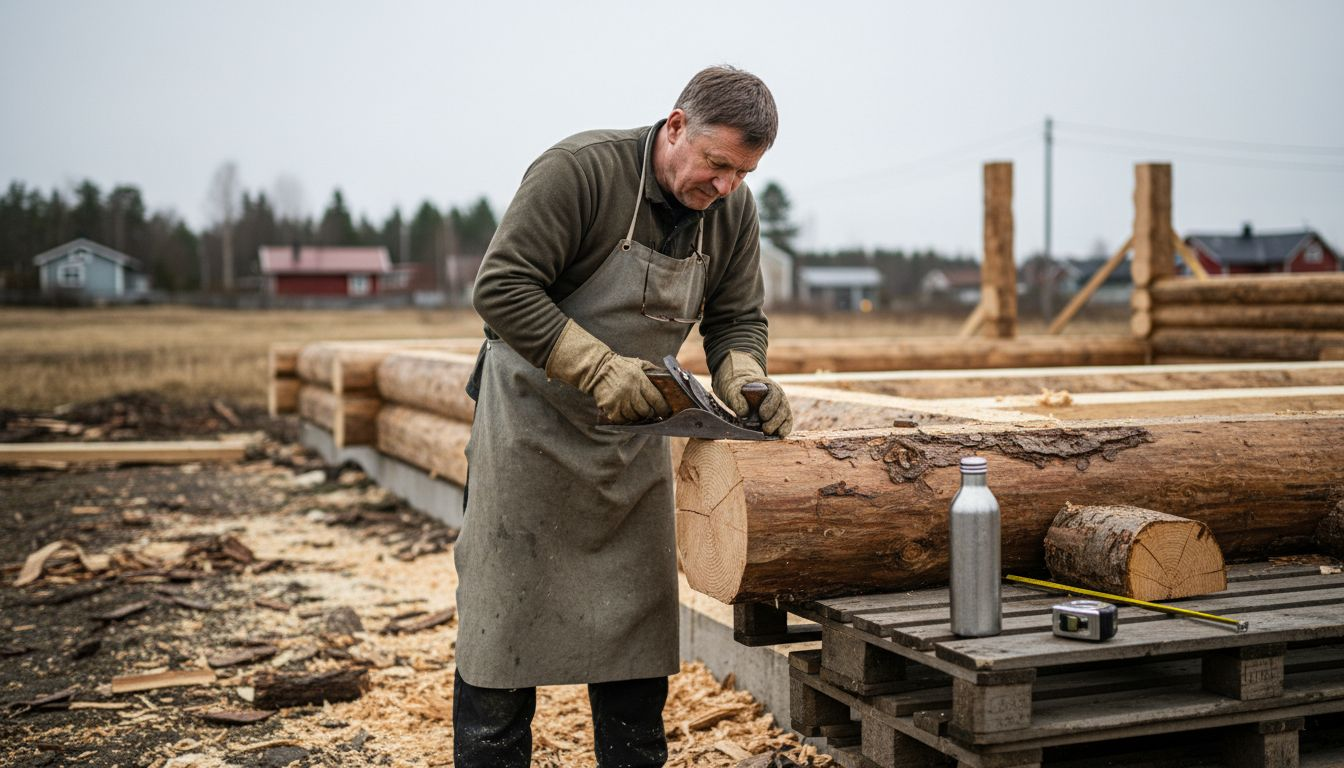 En finsk snickare jobbar med att bearbeta timmer.