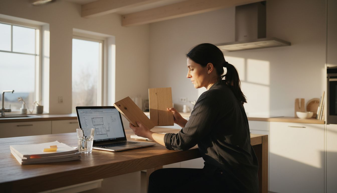 Arkitekten ser nærmere på ulike typer massivtre inne i bygget