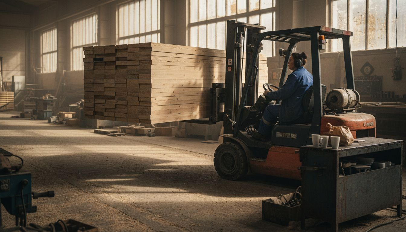 Worker moving timber panels in factory