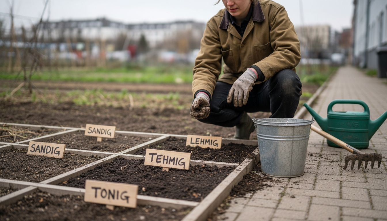 Eine Hobbygärtnerin nimmt vier verschiedene Gartenböden unter die Lupe und vergleicht ihre Eigenschaften.