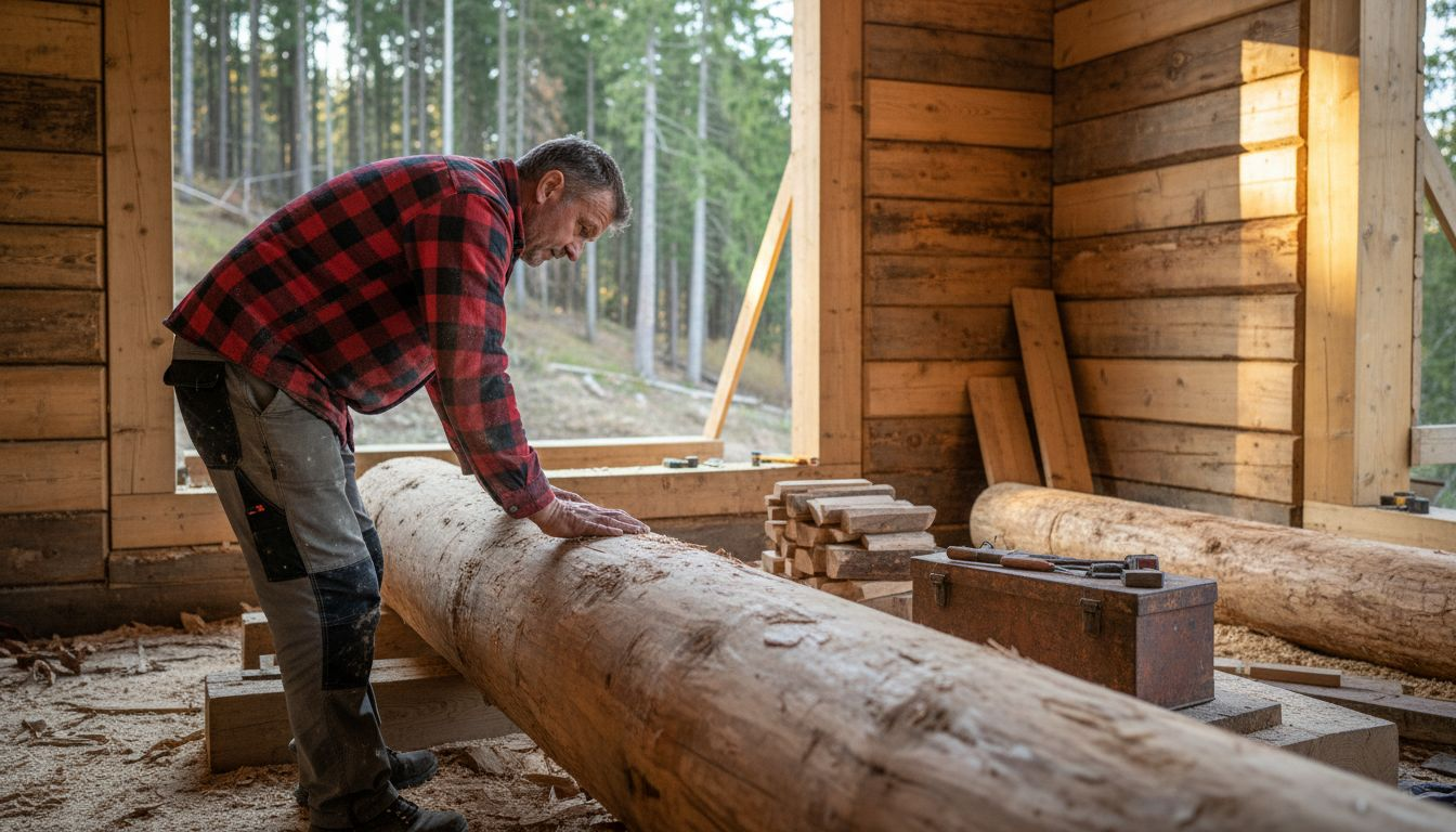 Ein Handwerker begutachtet einen Baumstamm auf der Baustelle.