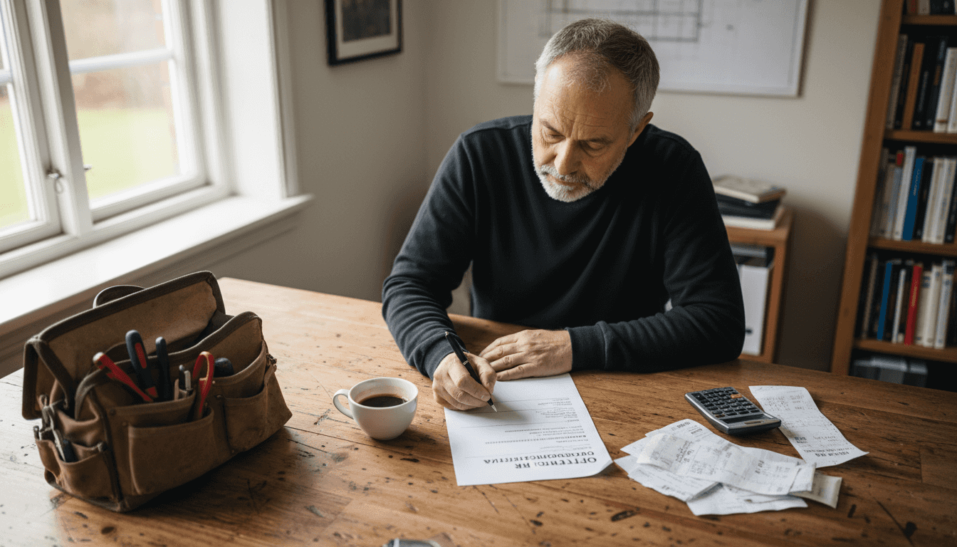 En offert gås igenom vid ett rörigt skrivbord