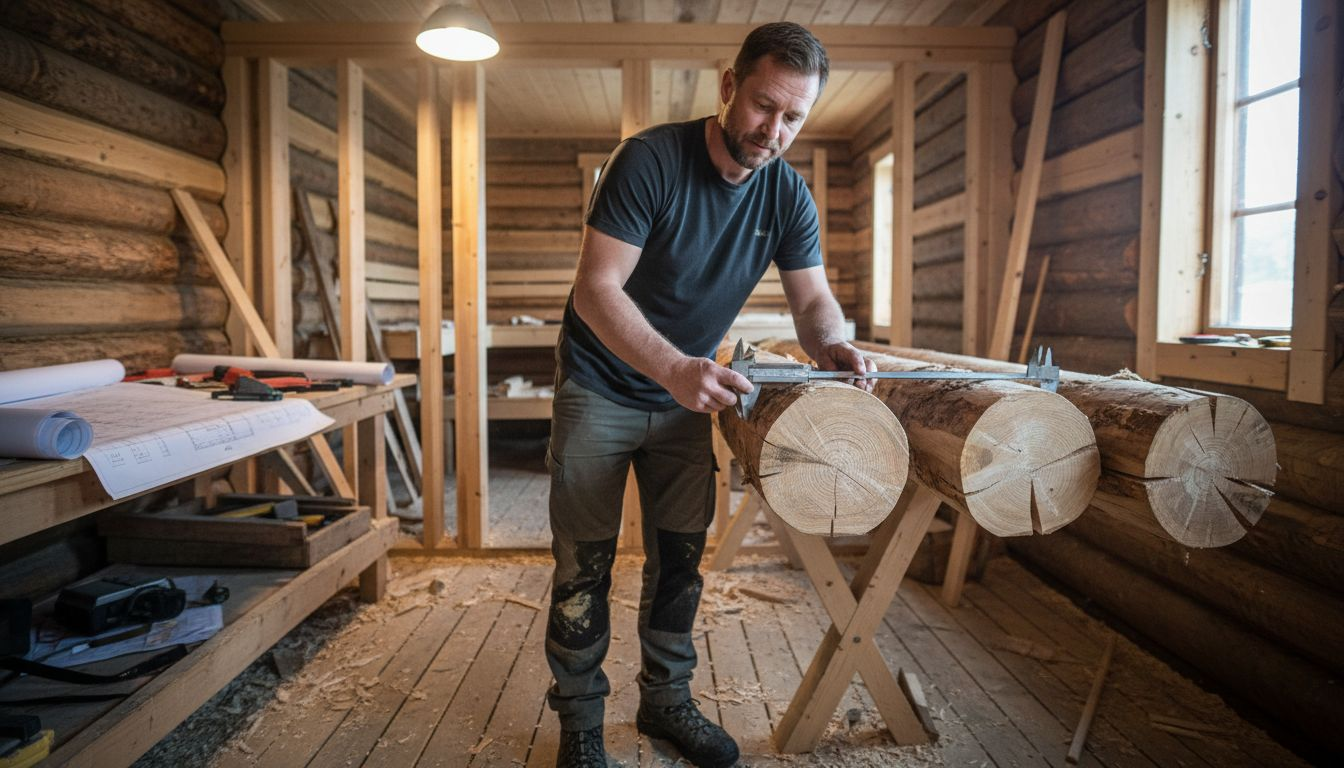 Measuring spruce log for sauna construction