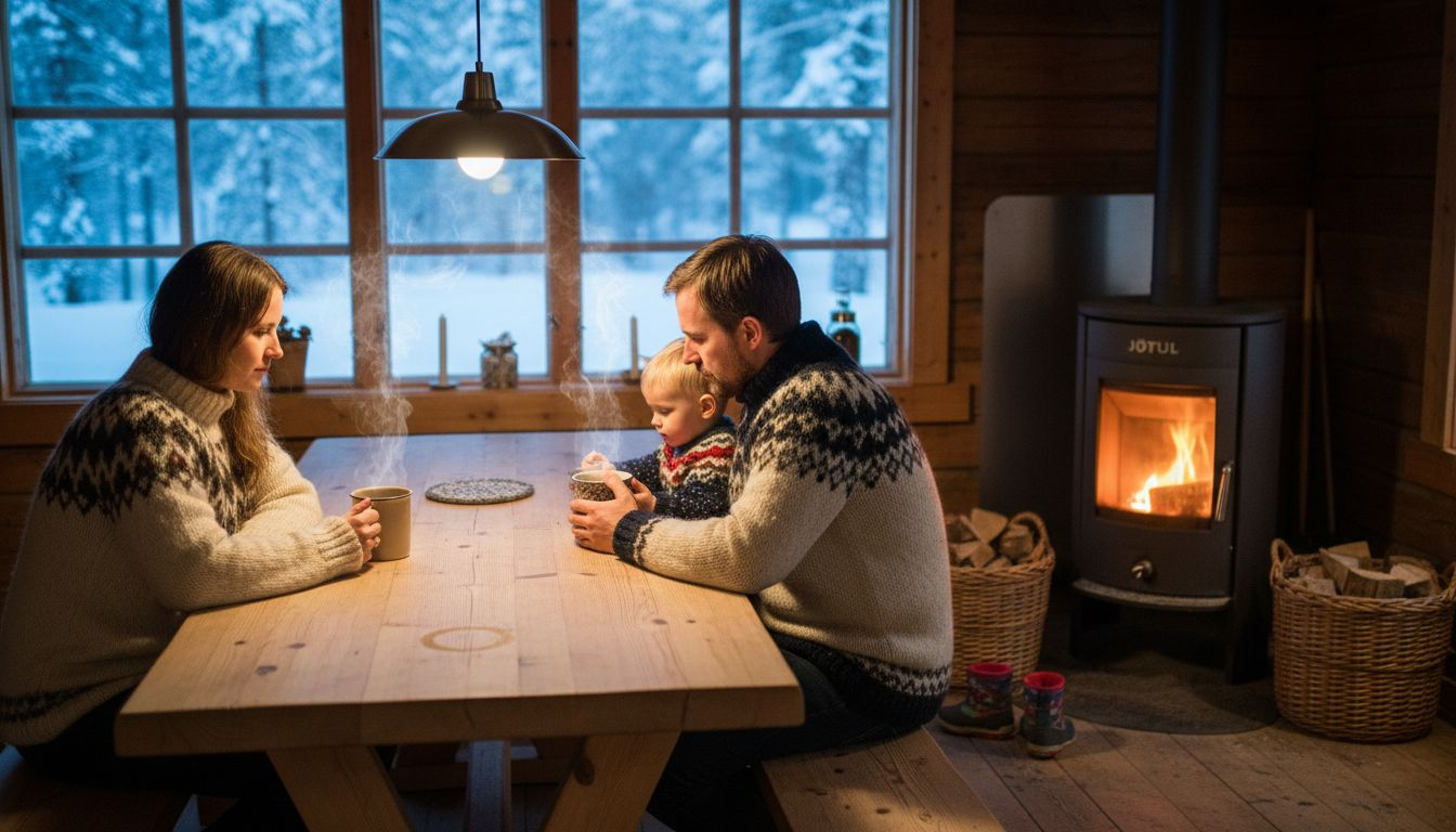 En familie som koser seg i en tømmerhytte mens peisen varmer på kalde vinterdager.