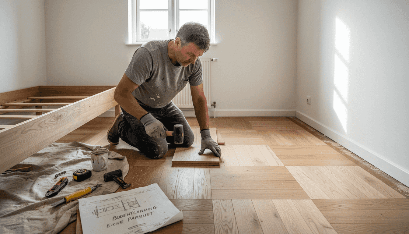 Ein Handwerker verlegt großformatiges Eichenparkett.