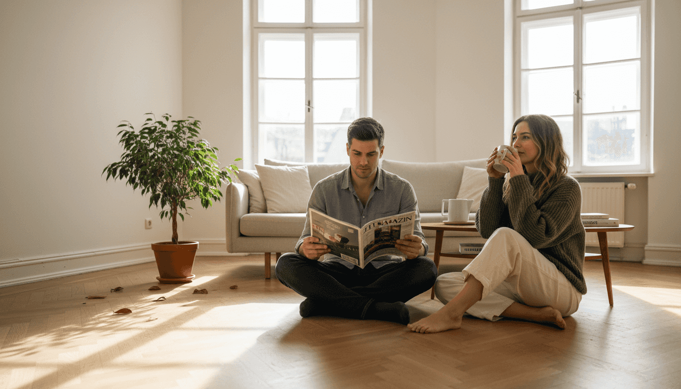 Paar genießt entspannte Momente auf dem stilvollen, emissionsarmen Wohnzimmerboden