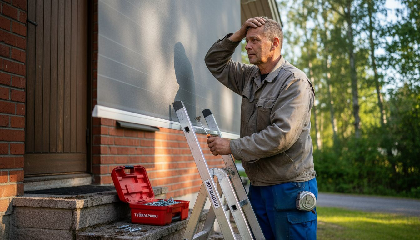 Asentaja kiinnittää ulkokäyttöön tarkoitettuja rullaverhoja talon julkisivulle.