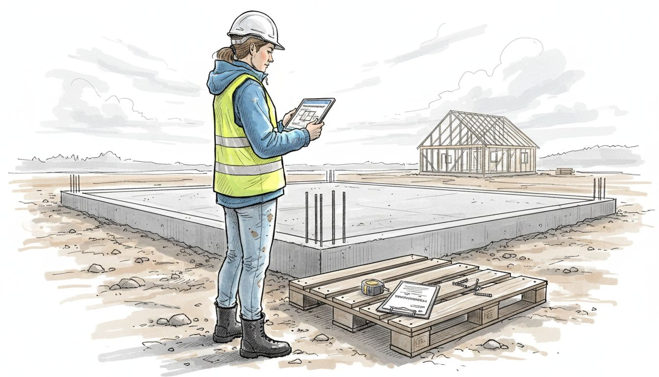 Työmaapäällikkö käy läpi rakennusprojektin digitaalisia asiakirjoja
